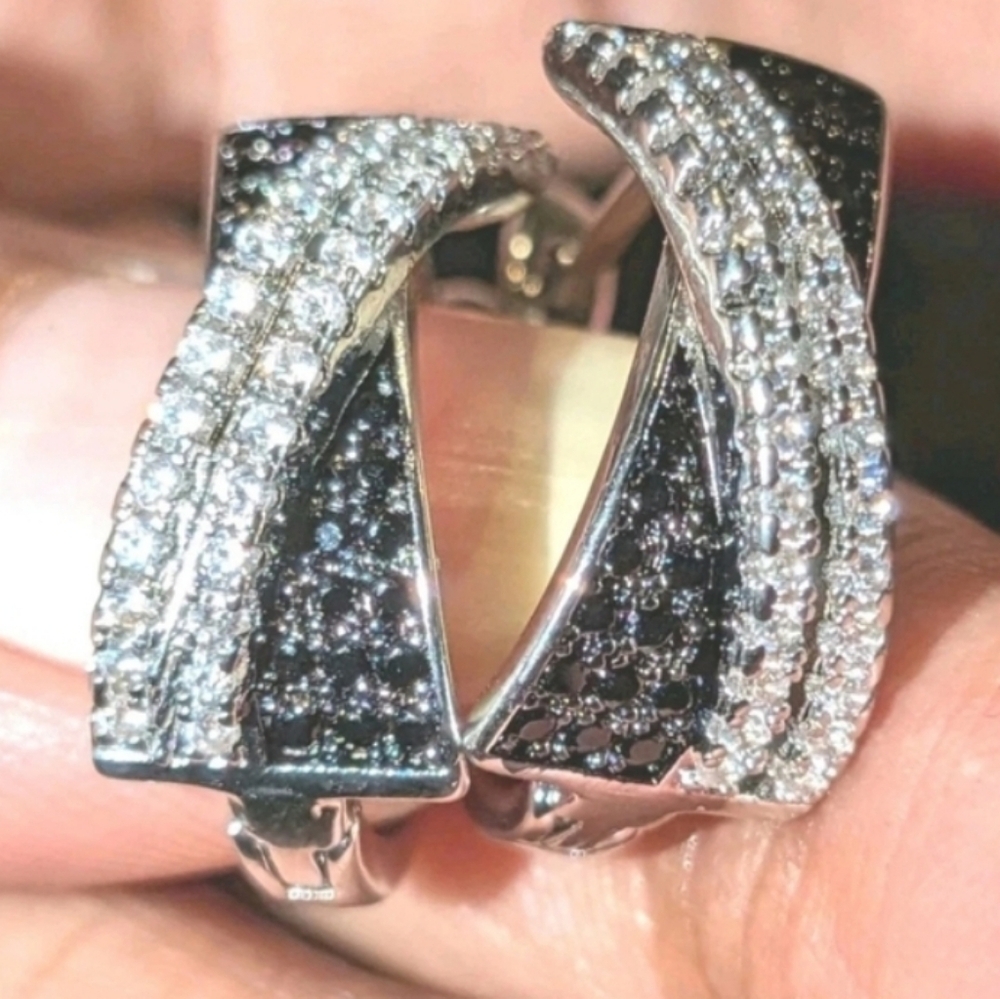 Lab Created Black Diamond Cluster Crossover Hoop Earrings 14k White Gold Plated - Picture 6 of 16
